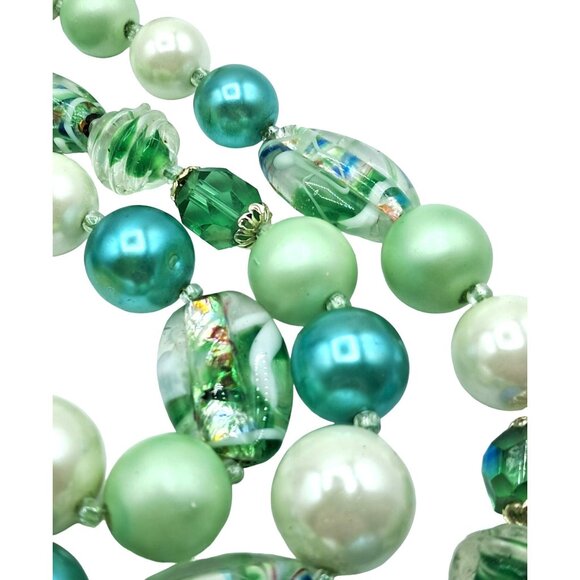 Vintage Foil Art Glass Beaded Necklace Earrings Japan Multi-Strand Set Signed Vi - Picture 12 of 12